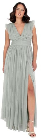 Anaya with Love Women's Maxi Dress Ladies V-Neck Short Sleeve Split Tulle A-line for Wedding Guest Bridesmaid Evening Occasion Ball Gown, Frosty Green 12