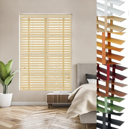 Wooden Blinds With 50mm Slats Horizontal Venetian Blinds For Windows Inside/Outside Mount Natural Shades 30~150 Cm W X 60~220 Cm H For Bedroom Living Room(Beige)