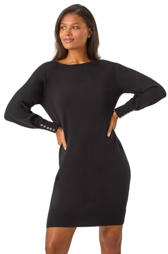 Roman Originals Knitted Jumper Dress for Women UK Ladies Stretchy Knit Knitwear Autumn Winter Casual Smart Pull On Work Long Sleeves Slouch Above Knee Short Length - Plain Black - Size 20