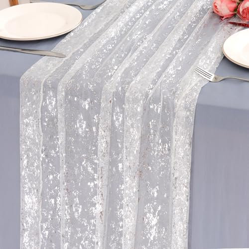LOMOHOO 2PCS Tischläufer Silber,70X300cm Tischband mit Silberfolie,Silberhochzeit Deko Tischläufers Hochzeit Boho Tischläufer,Glänzend Tischdeko für Geburtstage Party Taufe Goldene Hochzeit