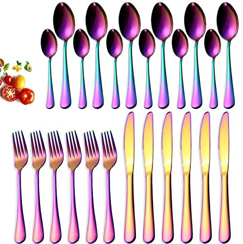 WOTZOV Besteckset, 24-teilig, Besteckset, Besteckset, Essgeschirrset, Löffel, Gabel, Messer aus Edelstahl, Essgeschirr für zu Hause,24 stücke Regenbogen