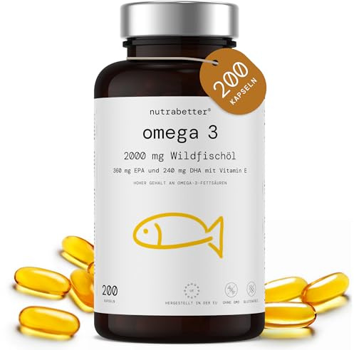 Oméga 3 2000 mg – Huile de Poisson | 200 Capsules Omega 3 | 360 mg EPA & 240 mg DHA + Vitamine E | Qualité Testée | Cœur & Bien-être (EFSA) | Fabriqué dans l’UE | nutrabetter®