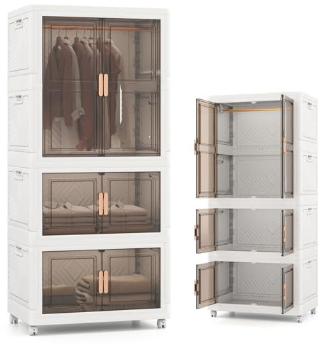 KOMFOTTEU Armario de Dormitorio Plegable 421 L, Caja de Almacenamiento con 4 Ruedas, Contenedor de Plástico con 10 Perchas, Organizador Portátil con Cierres Magnéticos, 71 x 46 x 156 cm