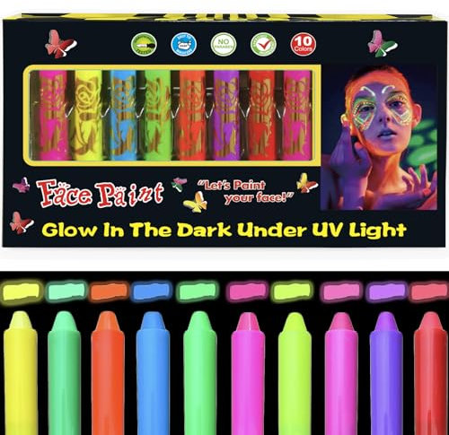 HISUNBEN Pintura De Cara De Neón Brillante UV,10 Ceras Fluorescente De Color De La Cara, Lavable No Tóxico Cera Lápiz UV Neón Para Rostro y Cuerpo, Para Halloween, Mardi Gras, Fiesta De Disfraces