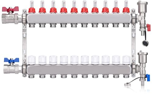 10 Heizkreise Heizkreisverteiler Fußbodenheizung Verteiler (1 Kugelhähne) | Anschlüsse für Eurokonus 3/4 | 30 x 1,5 mm, mit Manueller Entlüfter & Flussmesser Durchflussmesser Edelstahl HKV Verteiler