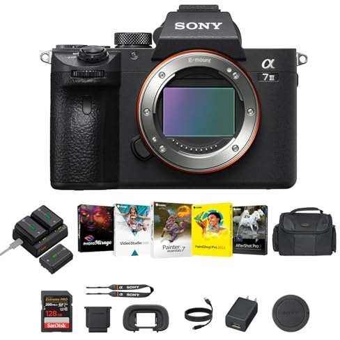 Sony a7 III Mirrorless Camera (Black) - 24MP Full-Frame Digital Camera with Batteries & Dual Charger Kit, Corel Software Kit, 128GB SDXC Memory Card & Large DSLR Bag - Essential Bundle