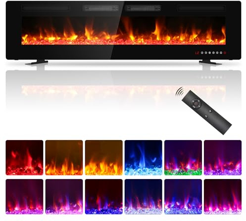 72 inch Ultra Thin Electric Fireplace, Freestanding, Recessed or Wall Mounted, 1500W Energy Efficient Heater with Realistic 3D Crystal Flame Effect, Remote Control & Touch Panel, 750W/1500W, UKCA/CE