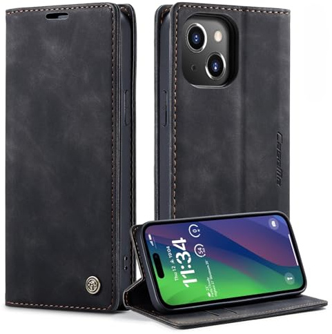GerlWorld Hülle für iPhone 15, Leder Klapphülle Wallet, Schwarz | PU-Leder Wallet Case mit Kartenfächern, Standfunktion und stoßfester TPU-Schale – für Alltag, Arbeit und Reisen.