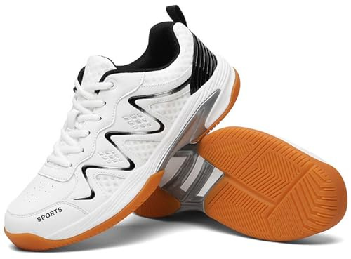 SDEQA Herren Badmintonschuhe Indoor Court Tennisschuhe Bequem Leicht rutschfest Racketball Volleyball Sneaker,White Black,47 EU