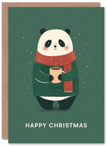 Artery8 Christmas Card Cute Panda in a Sweater with Cup of Hot Chocolate