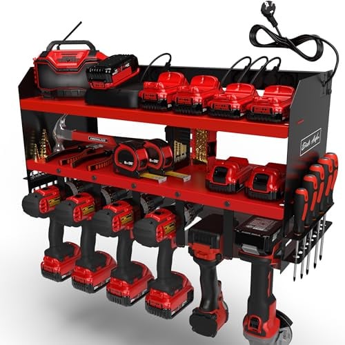 Toolganize Elektrowerkzeug-Organizer mit Steckdosenleiste & Ladestation, Schwerlast-Werkzeughalter für Werkstatt & Garage, 6-fach Halterung, Milwaukee Rot.