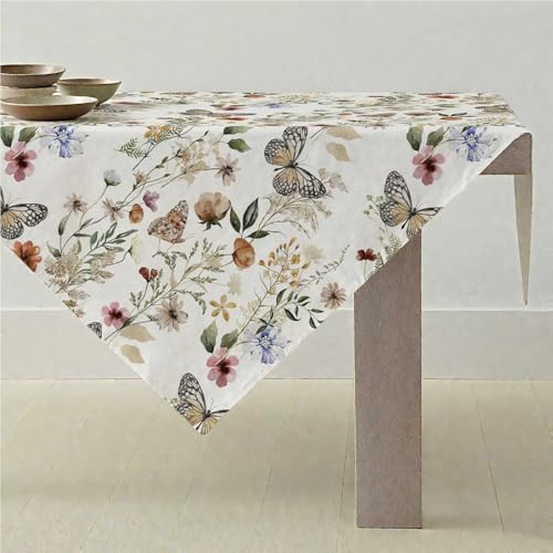 ViaElayu Tischdecke Frühling 85x85 Klein Gartentischdecke Outdoor Mitteldecke Modern Rosa Beige Blumen Grün Blätter Schmetterling Tischdecken Abwaschbar Quadrat Garten Tischdecken für Draußen