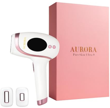 AURORA - PureSkin Ultra 9 - IPL Haarentfernungsgerät, Dauerhafte und Schmerzfreie Haarentfernung für Zuhause - inkl. Seidenbeutel, 2 Aufsätze, Rasierer, Weiß/Roségold