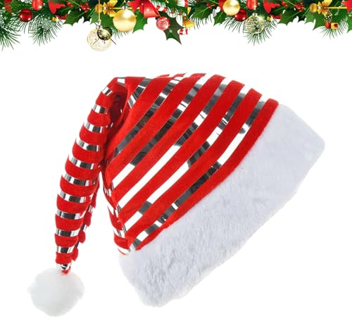 Weihnachtsmützen mit glänzenden Streifen, Unisex, klassische Kopfbedeckung, niedlich, rote und grüne Samt-Weihnachtsmannmütze, gestreifte Samt-Weihnachtsmannmütze, Erwachsene, für Urlaub, Party