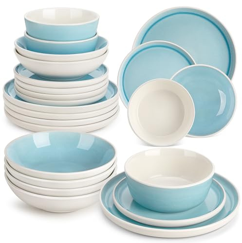 Tafelservice 6 Personen, vancasso ELBA 24tlg Geschirrset Steingut, modernes Geschirr Blau Schüssel- und Teller Set, Ess Kombiservice mit je 6 Speiseteller, Salatteller, Suppenteller und Schalen
