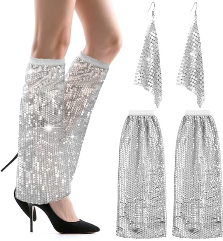 AffeGifts Disco Fancy Dress Women 2pcs, Sequin Disco Leg Warmer with Sequins Earrings Abba Glitter Leg Warmers 70s Abba Fancy Dress Costume Set 1970s Fancy Dresss for Girls Women 70s 80s Discos Party
