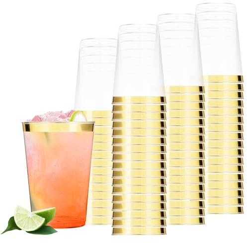 60 Stück Plastikbecher mit Gold Rand, 350ml/12oz Wiederverwendbarer Becher aus Kunststoff, Trinkbecher Elegante Partybecher Cocktailbecher für Geburtstag Hochzeit Cocktail Getränk (11.1x7.4cm)