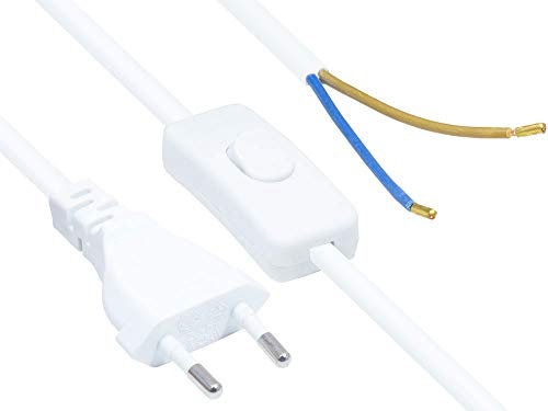Kabelmeister EURO-Netzkabel - 1,5 m - Euro-Stecker Typ C (gerade) an abisolierte Enden - STROMKABEL mit SCHALTER - zum Konfektionieren - KUPFERLEITER - 0,75 mm² - WEISS - Qualitätware vom KABELMEISTER