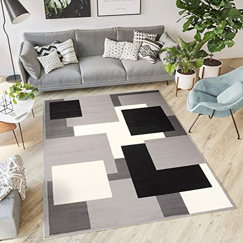 TAPISO Dream Teppich Wohnzimmer Modern Kurzflor Grau Weiß Schwarz Vierecke Karo Schlafzimmer Esszimmer Küche ÖKOTEX 120 x 170 cm