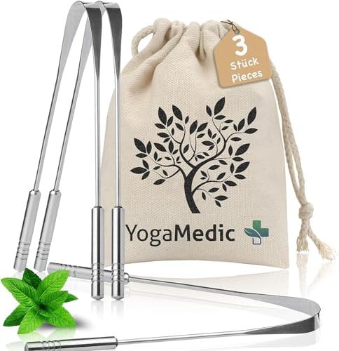 YOGAMEDIC Tongue Cleaner 2 Pieces 100% Stainless Steel, Handmade, Ayurveda Tongue Scraper Against Bad Breath, Tongue Spatula Made of 100% Cotton Tongue Care Cleaner Set