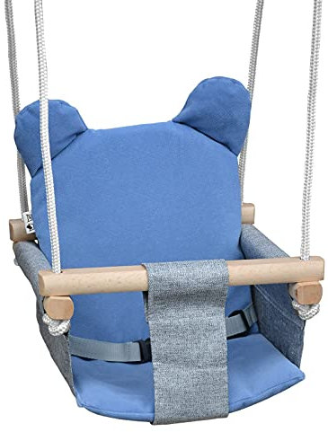 Holz Babyschaukel Kinderschaukel Holz Babywippe Zimmerschaukel Indoor Baby Schaukel Stoff Babysitz Baby Schaukel zum Aufhängen Sicherheitsgurt Indoor Outdoor Schaukel für Kinder (Grau & Blau)