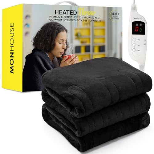 MONHOUSE Heated Throw - Electric Blanket - Digital Controller - Timer up to 9 hours, 9 Heat Settings, Auto Shutoff - Machine Washable - Single 130X160cm - BLACK
