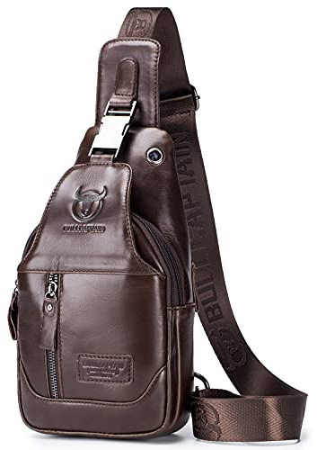 BULLCAPTAIN Herren-Rucksack, echtes Leder, mehrere Taschen, Umhängetasche, Brusttasche, Reisen, Wandern, Tagesrucksack, Braun, 11.01x6.29x2.36, Sling-Rucksäcke
