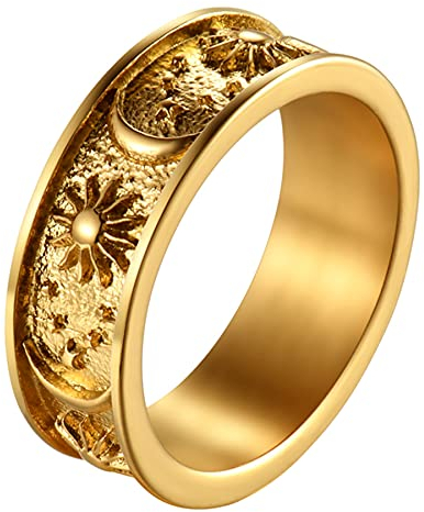 JewelryWe Schmuck Herren-Ring Damen Ring Edelstahl Sonne Stern Mond Verlobungsring Hochzeitring Boho Ring Geschenk für Männer Gold 8mm Größer 56