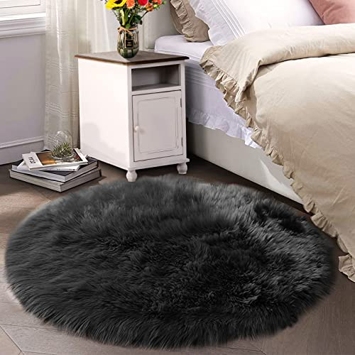 Latepis Teppich Rund Schwarz 200 cm Flauschig für Wohnzimmer Schlafzimmer Esszimmer Kunstfell Waschbarer Teppich Hochflor Shaggy Area Rug