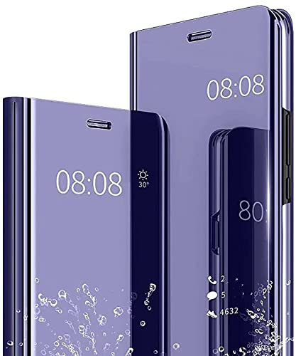JIAFEI Custodia per Samsung Galaxy S22 Ultra 5G, Custodia Luxury Mirror Flip Traslucido Clear View Specchio Standing Cover Anti Shock Placcatura Smart Cover Protezione, Viola Blu