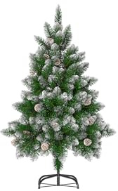 Weihnachtsbaum künstlich, 1,2m Künstlicher Christbaum Weiß mit Schnee und Zapfen, Edeltanne Schnellaufbau chwer entflammbar, inkl. Christbaum Ständer (120cm, Schnee-Effekt+Kiefernzapfen)