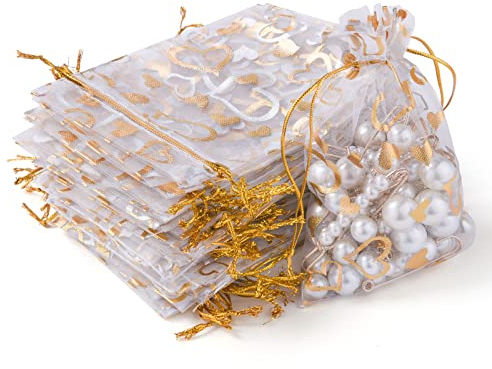 Aucuu 105 PCS Sacs Organza, 10 x 15 cm Motif de coeur Blanc Sachets Pochettes Cadeau en Organza avec Cordon de Serrage, Sac à Bijoux Marriage Cadeaux