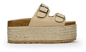 BOSANOVA Sandalias con Suela Bio de Corcho, Dos Tiras Frontales con Hebillas Ajustables y Suela de Plataforma en Esparto XXL Sin Cierre. Calzado para Mujer Beige 39