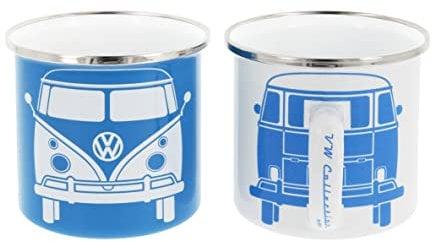 BRISA VW Collection - Volkswagen 2-Piece Enamel Coffee-Tea Mug Cup Set for Camping & Outdoor T1 Bus (White/Blue)