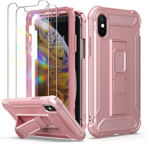 ORETECH Designed for iPhone XS Max Case, and[2 x Tempered Glass Screen Protectors] [Heavy Duty Protection] [Kickstand & Phone Holder] Full Body Shockproof Protective Cover for iPhone Xs Max- Rose Gold