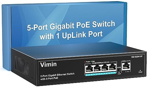 VIMIN Commutateur PoE Gigabit 4 Ports avec 1 Port Montant Gigabit, Commutateur Ethernet PoE Non Géré 5 Ports avec Une Puissance de 72W, Prise en Charge de IEEE802.3af/at, VLAN, Boîtier en Métal