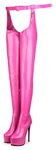 Only maker Damen Stiefel Plateau Chap Boots Unisex Overknees Stiletto High Heels Stretch Stiefel mit Taillengürtel PU Fuchsia Rosa 40 EU