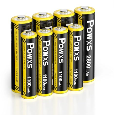 POWXS AA und AAA Akku Set - 8 Stück NI-MH wiederaufladbare Batterien, Super Hohe Kapazität 2800mAh Mignon AA x 4 & 1100mAh Micro AAA x 4 Akkus Kein Memory Effekt, Vorgeladen und Einsatzbereit Accu
