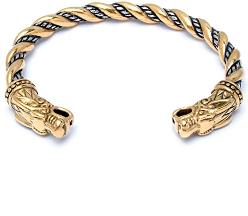 Schmuck-Checker Wikinger Armreif verziert mit Wolfsköpfen silber gold Wolf Schmuck aus 316L Edlestahl Männer Geschenk verzierter Herren Armschmuck (Gold)