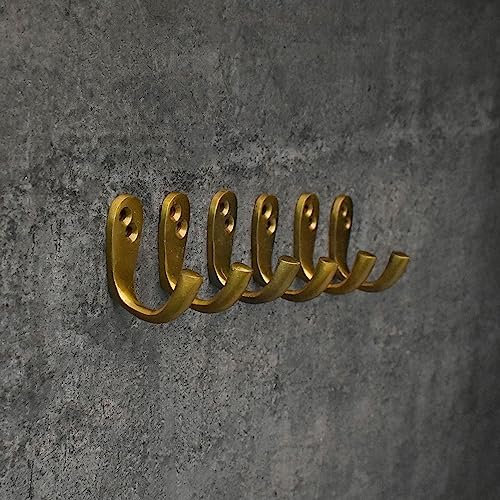 BROOK AND BIRCH Cast Iron Utility Hooks Wall Mounted Antique Brass Hooks for Clothes Towels Keys Mugs Towel - Set of 6