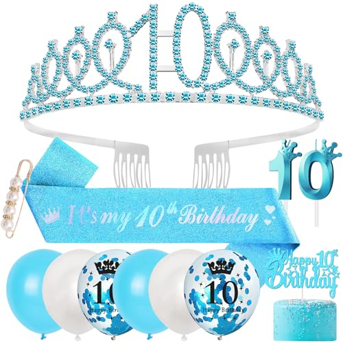 Dekoration zum 10. Geburtstag für Mädchen, Schärpe und Tiara für Mädchen, Geburtstagsgeschenke zum 10. Geburtstag, blaue Geburtstagskrone, Stirnband, Geburtstagsschärpe, 10. Geburtstag, Luftballons,