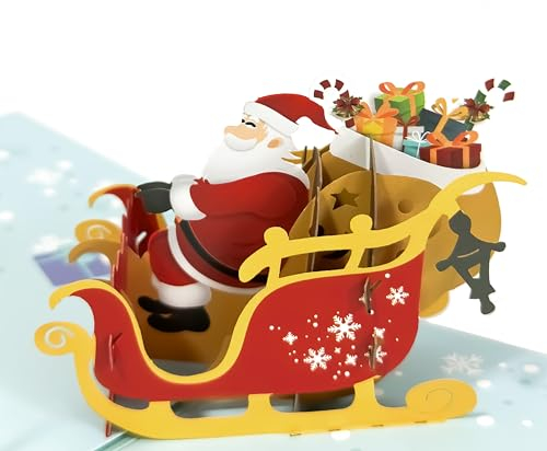 yaartz Weihnachtskarte 3D Pop Up Karte Grußkarte mit Umschlag und Notizzettel Weihnachtsmann & Schlitten & Rentier