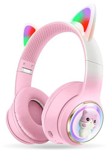 AXFEE Auriculares Inalámbricos para Niños, Auriculares con Orejas de con Luz Led, Auriculares Plegables para Niños con Micrófono, para Móvil/Tableta Regalo de Cumpleaños/Navidad(Rosa