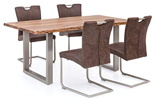 Woodkings Essgruppe Reefton, Esstisch 170x90 mit 4 Schwingstühlen, Holztisch mit Baumkante, Esszimmerstuhl Wildlederoptik braun, Metall silberfarben, Esszimmer Möbel