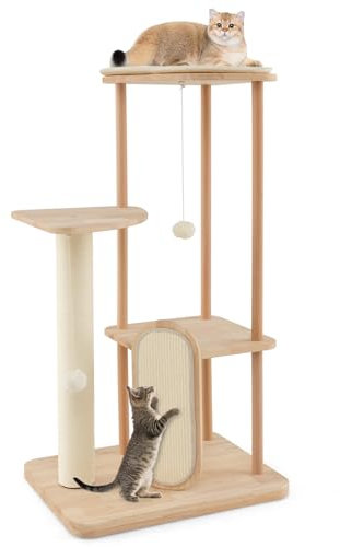 Tangkula Wood Cat Tree for Indoor Cats, Multi-Level Modern Cat Tower with Sisal Scratching Board & Post, Padded Perch, Platform, Hanging Toy, Minimalist Kitten Activity Center for Small & Medium Cats