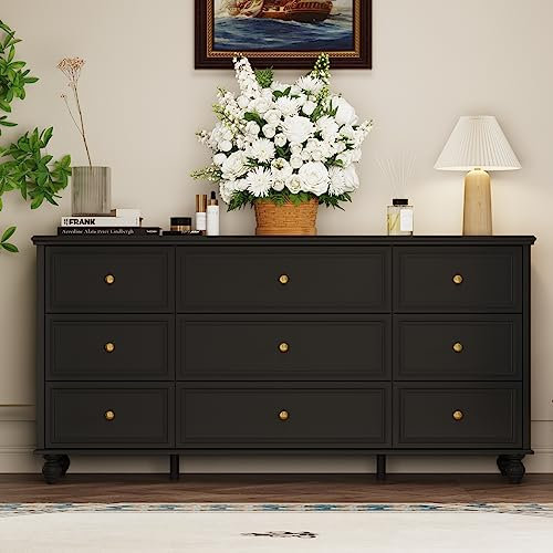 Caldion 150cm Breit Kommode mit 9 Schubladen Moderne Sideboard mit Gold Metall Griffe,Holzbeine für Wohnzimmer,Schlafzimmer Schwarz