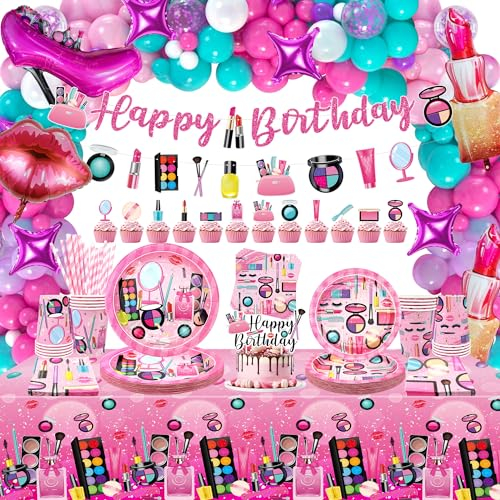 Décoration de fête d'anniversaire spa – Cadeaux de fête de maquillage, assiettes, tasses, serviettes, nappe, bannière « Happy Birthday », ballons et arche, décorations de gâteau pour filles et femmes,