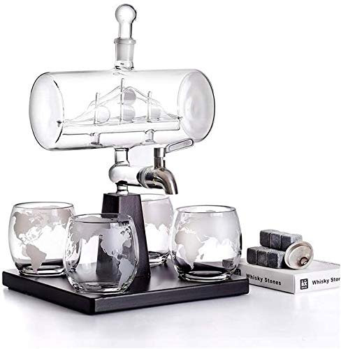 LeGDOr Bottle Rack Wine Rack Wine Glass Holder Whiskey Decanter with Glasses -1100ml Barrel Whiskey Carafe Alcohol Decanter Set, with 4 Whiskey Glasses, for Brandy Wine Cognac Rum Gin