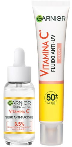 Garnier Kit SkinActive Aufhellendes und aufpolsterndes Serum gegen Flecken mit Vitamin C und täglichem UV-Schutzflüssigkeit gegen Flecken, Glow-Effekt mit LSF 50+, gleichmäßige und strahlende Haut, 30