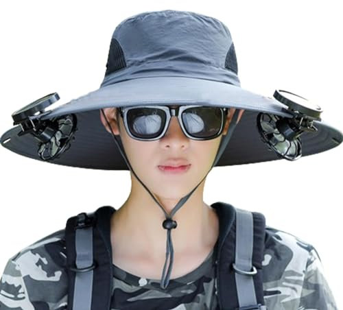 Hut mit Solarventilator – Sonnenhut mit Ventilator – Doppelventilatoren breite Krempe Solarventilator-Hut, verstellbare Herren-Fischerhüte für den Außenbereich, Schwarz , 62